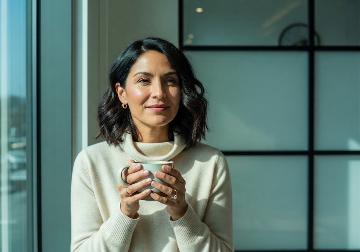 Woman enjoying morning tea in modern wellness clinic